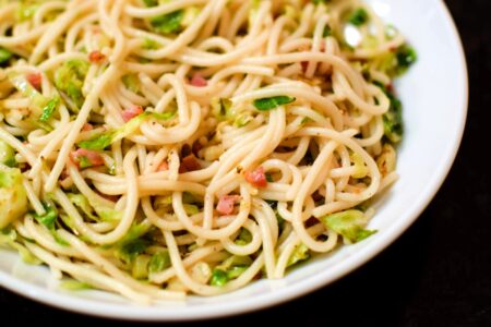 Dairy-Free Brussels Sprout Pasta with Pancetta Recipe - optionally gluten-free and allergy-friendly. Fast, easy and delicious!