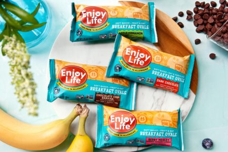 Enjoy Life Breakfast Ovals now in Dark Chocolate, Chocolate Chip Banana, Berry Medley, and Apple Cinnamon. All free from 14 common allergens, vegan, and certified gluten-free. Made with purity protocol oats.