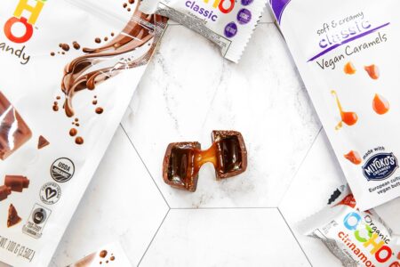 Available in 4 ooey-gooey flavors, OCHO Plant-Based Caramels are chocolate-covered, dairy-free, soy-free, gluten-free, and Certified Organic & Vegan.