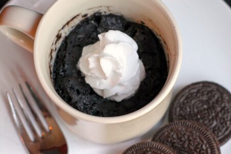 Dairy-Free Oreo Mug Cake Recipe - Just 3 Ingredients and 5 Minutes or Less! Naturally vegan, egg-free, and nut-free. Even kids can make it!