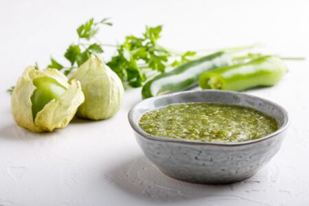 Tomatillo Green Chile Sauce Recipe - naturally allergy-friendly, optionally vegan, great on enchiladas, fish tacos, grilled meats, tofu, and more!
