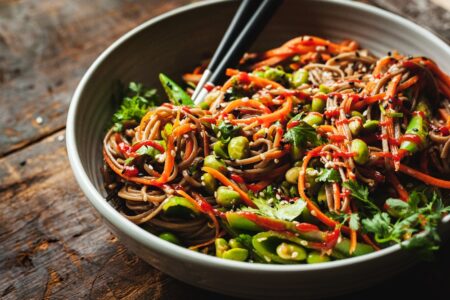 Plant-Based Spicy Soba Noodles Recipe with Rich Peanut Sauce - dairy-free with gluten-free and high-protein options
