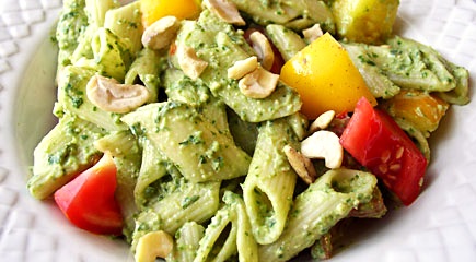 Creamy Vegan Pesto Pasta Salad Recipe - Oil-free and Lower in Fat. Gluten-Free optional.