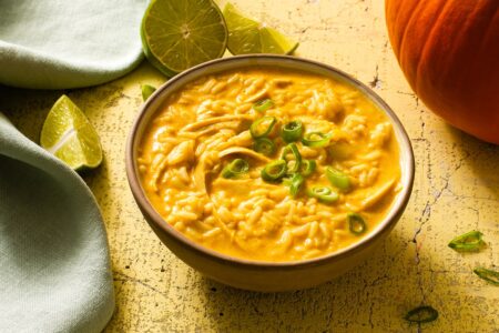 Dairy-Free Pumpkin Curry Soup Recipe with Rice and Leftover Chicken or Turkey. Creamy, rich, comforting. Gluten-free, Allergy-friendly. Vegan option.