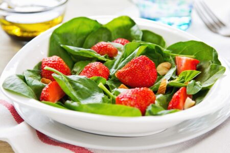 Strawberry Spa Salad Recipe with Almond Vinaigrette - plant-based, flavorful, dairy-free, gluten-free and optionally paleo #strawberries #spinachsalad