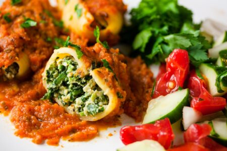 Dairy-Free Stuffed Shells Recipe with Spinach-Ricotta Style Filling. Plant based, but option for meaty version, too. Easy, delicious, versatile comfort food. Gluten-free option.