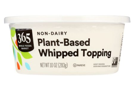 365 Plant-Based Whipped Topping Reviews and Info - Non-Dairy, Dairy-Free, Vegan, and Nut-Free. Also Certified Kosher Pareve and Non-GMO Verified. A Whole Foods Generic and Cool Whip tub-style copycat.