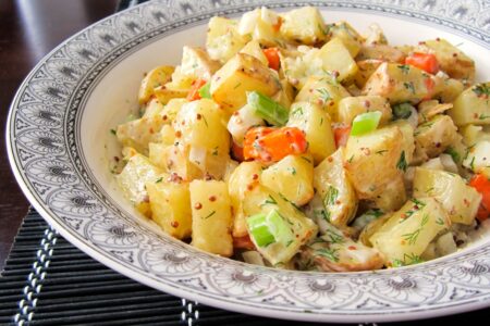 Dairy-Free Creamy Roasted Potato Salad Recipe - like Ina Garten's, only better! Naturally gluten-free and allergy-friendly, with vegan-friendly option.