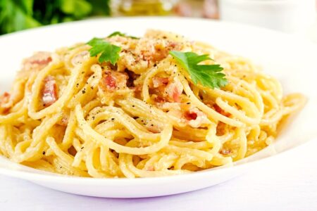 Dairy-Free Spaghetti Carbonara Recipe that's so close to Traditional. Delicious, rich, tastes like it's straight from an Italian kitchen! Fast and easy.