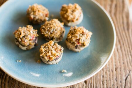 Dairy-Free Stuffed Mushrooms Recipe - creamy, cheesy, rich, and fulfilling. Optionally gluten-free, nut-free, and soy-free. Plant-based nd vegan-friendly.